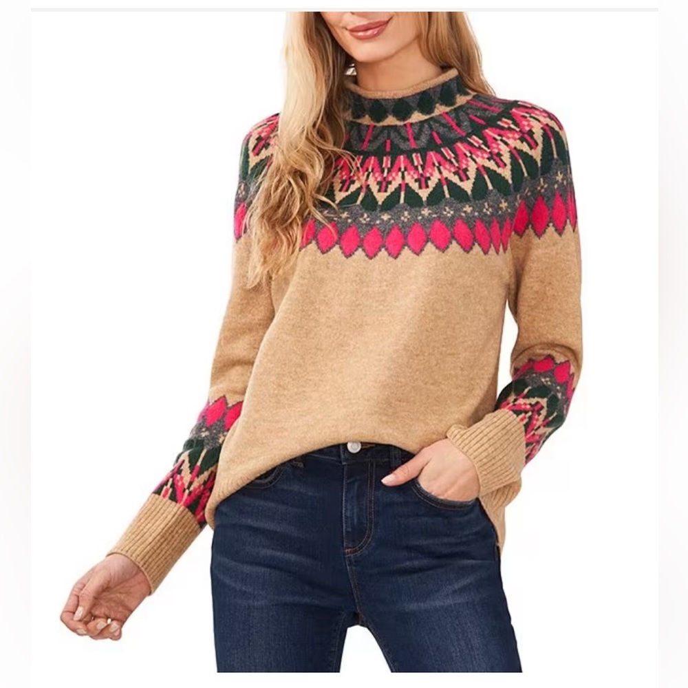 Vince Camuto Tan Sweater with Pink and Green Pattern